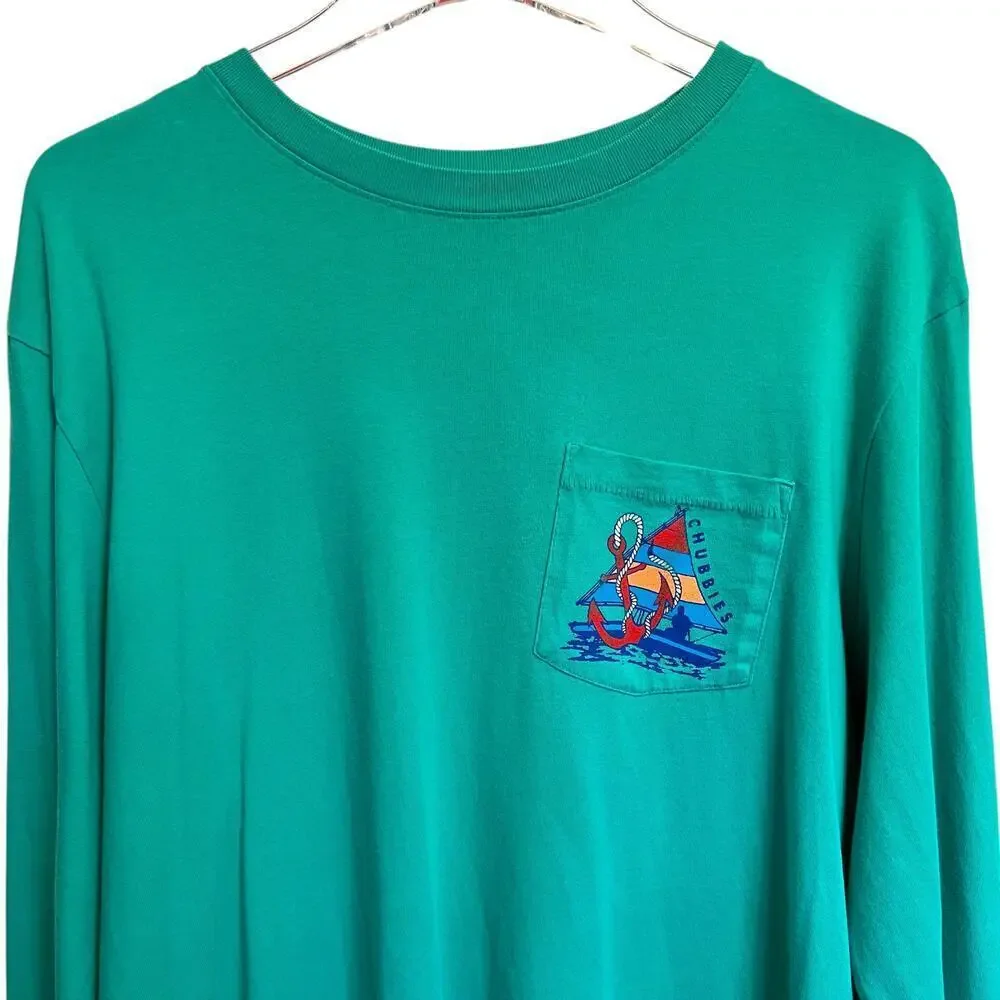 CHUBBIES Long Sleeve Tee Shirt 100% Cotton in Teale Green Men's Size Large - Picture 4 of 7